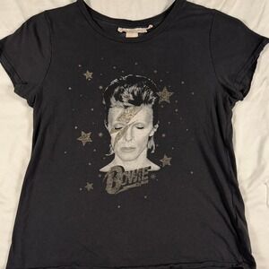 HM LOGG David Bowie Aladdin Sane Graphic Tee Black Glitter Stars Womens Medium